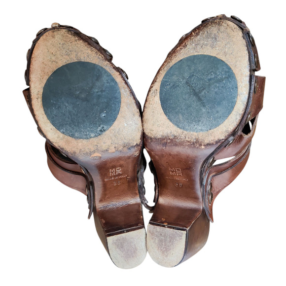 MOMA Italian Brown Leather Woven Platform Mules Size 38 Side Buckle Y2K Style - Picture 9 of 11